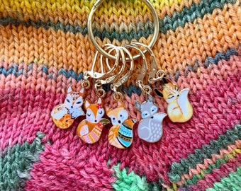 Stitch Markers Foxes Progress Keepers Leverback Clasps Set of 5 Little Foxes Knitting Crochet Gift