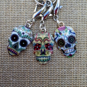 Stitch Markers, Progress Keepers, Day of the Dead Skull Charms, Dia del los Meurotos, Knitting Notions, Crochet Notions, Knit and Natter