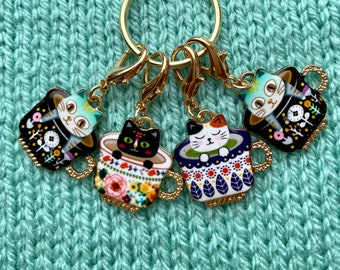 Cats in Teacups, Stitch Markers, Progress Keepers Knitting Notions Mothers Day Gift