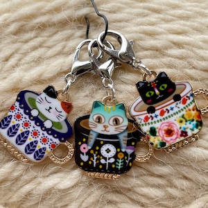 Stitch Markers Cats in Teacups Set of 3 Knitting Crochet Gift
