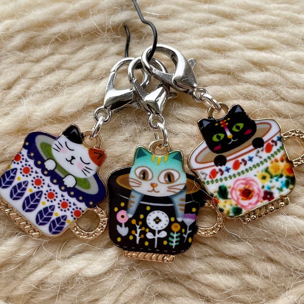 Stitch Markers Cats in Teacups Set of 3 Knitting Crochet Gift