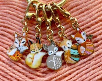 Fox Stitch Markers, Knitting Progress Keepers, Choice of Marker, Set of 5 Little Foxes, Knitting and Crochet Notions, Knit and Natter
