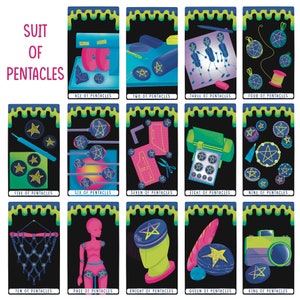 May include: A set of 14 tarot cards depicting the suit of pentacles. Each card features a unique illustration with a black background and a green and yellow border. The cards are numbered from Ace to King.