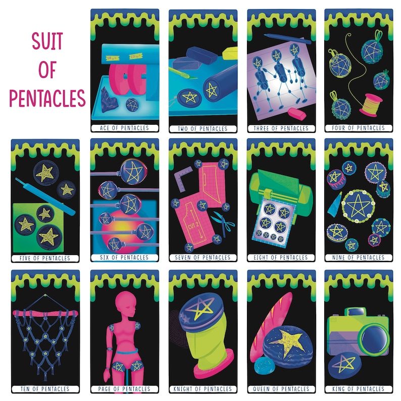 May include: A set of 14 tarot cards depicting the suit of pentacles. Each card features a unique illustration with a black background and a green and yellow border. The cards are numbered from Ace to King.