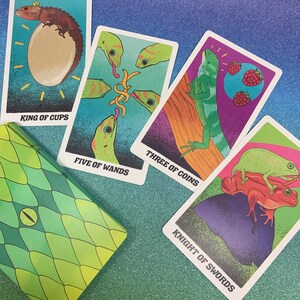 May include: Five tarot cards with colorful backgrounds and illustrations of lizards and other creatures. The cards are: King of Cups, Five of Wands, Three of Coins, Knight of Swords.