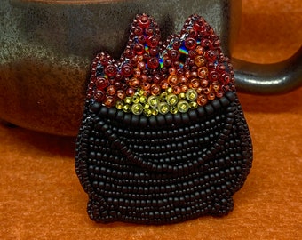 Flaming Cauldron Beaded Brooch | Beaded jewelry | Handmade | Art jewelry | Weird jewelry | Spooky pin | Witchy jewelry | Fire | Flames
