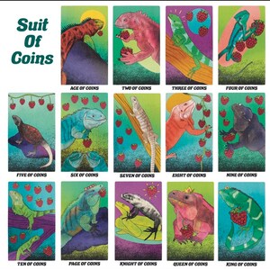 May include: A deck of playing cards featuring illustrations of iguanas holding raspberries. The suit of coins is depicted with the name "Suit of Coins" at the top of the card set. Each card features a different iguana and a number of raspberries.