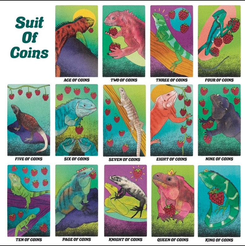 May include: A deck of playing cards featuring illustrations of iguanas holding raspberries. The suit of coins is depicted with the name "Suit of Coins" at the top of the card set. Each card features a different iguana and a number of raspberries.
