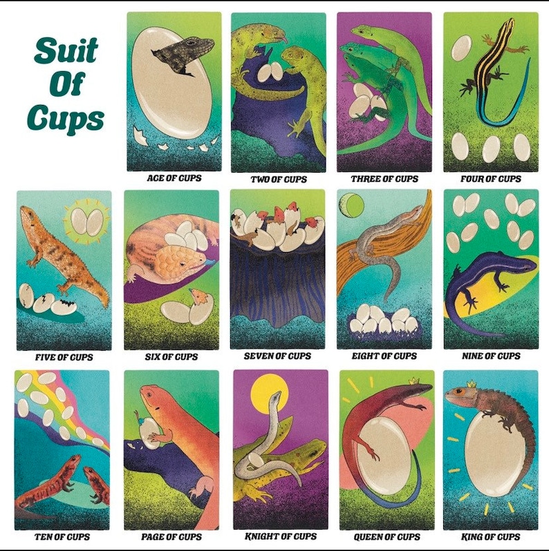 May include: A tarot card deck featuring illustrations of lizards and eggs. The cards are arranged in a grid, with each card showing a different suit of cups. The suits are Ace, Two, Three, Four, Five, Six, Seven, Eight, Nine, Ten, Page, Knight, Queen, and King.