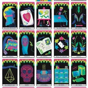 May include: A set of 22 tarot cards with colourful illustrations on a black background. Each card features a different image, such as a skull, a chariot, and a sun. The cards are numbered from 0 to 21 and have a dripping paint effect around the edges.