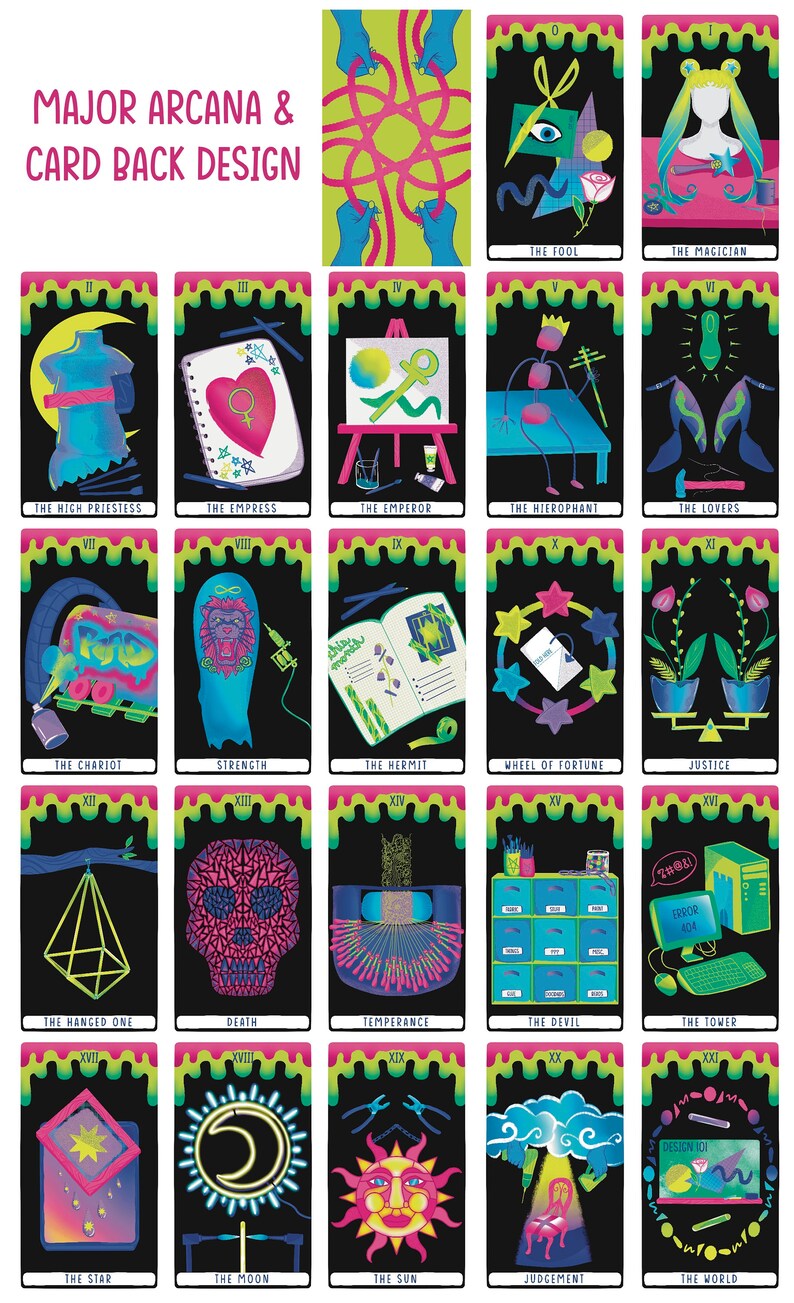 May include: A set of 22 tarot cards with colourful illustrations on a black background. Each card features a different image, such as a skull, a chariot, and a sun. The cards are numbered from 0 to 21 and have a dripping paint effect around the edges.