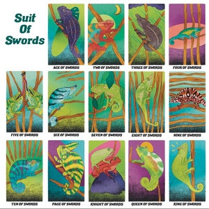 May include: A tarot deck featuring illustrations of chameleons on branches, representing the suit of swords. Each card depicts a different chameleon with unique colors and patterns, against a background of green and brown branches.