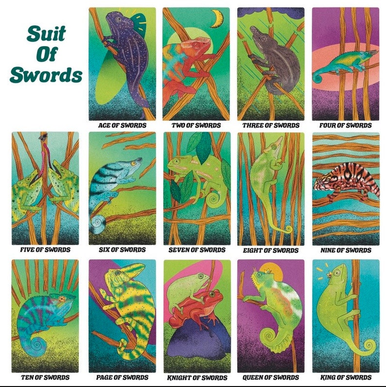 May include: A tarot deck featuring illustrations of chameleons on branches, representing the suit of swords. Each card depicts a different chameleon with unique colors and patterns, against a background of green and brown branches.