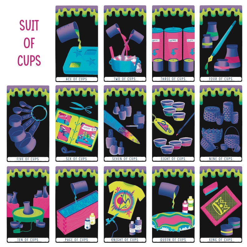 May include: A set of 14 tarot cards depicting the suit of cups. Each card features a colourful illustration with a unique theme related to cups, such as a cup overflowing with liquid, a cup with a heart, and a cup with a crown. The cards are designed in a modern style with a black background and a green and purple border.