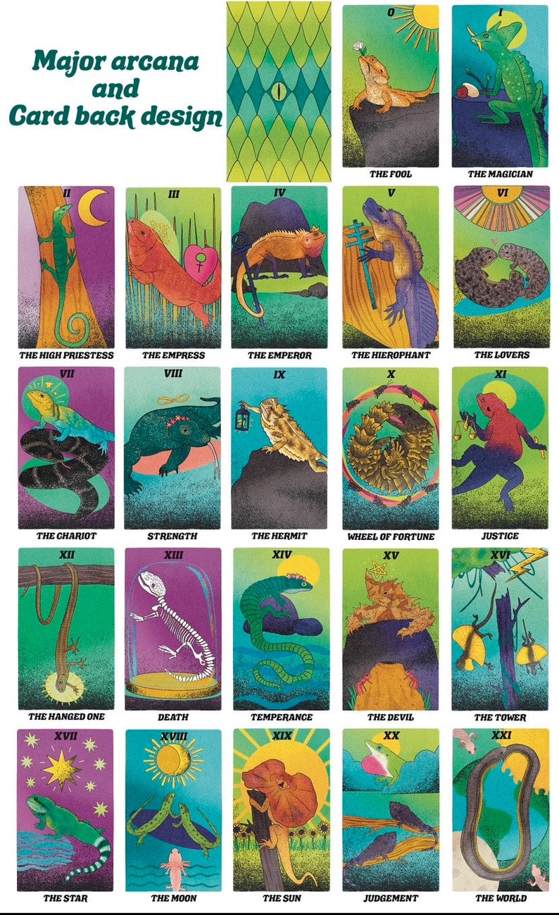 May include: A colorful tarot deck featuring illustrations of lizards and other reptiles. The cards are arranged in a grid, showing the major arcana, with the card number and name below each image.