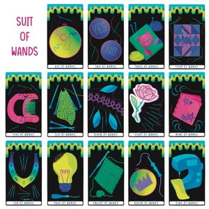 May include: A set of 14 tarot cards featuring illustrations of various crafting tools and supplies. The cards are arranged in a grid with the suit of wands at the top. Each card has a black background with a green and blue border. The cards are numbered from Ace to King.