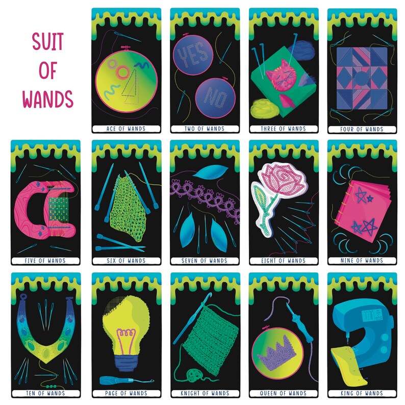 May include: A set of 14 tarot cards featuring illustrations of various crafting tools and supplies. The cards are arranged in a grid with the suit of wands at the top. Each card has a black background with a green and blue border. The cards are numbered from Ace to King.