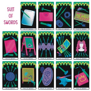 May include: A set of 14 tarot cards featuring illustrations of swords, scissors, and other tools. The cards are arranged in a grid with a black background and green borders. The cards are labelled with the suit of swords and the number or name of the card. The cards are part of a tarot deck.