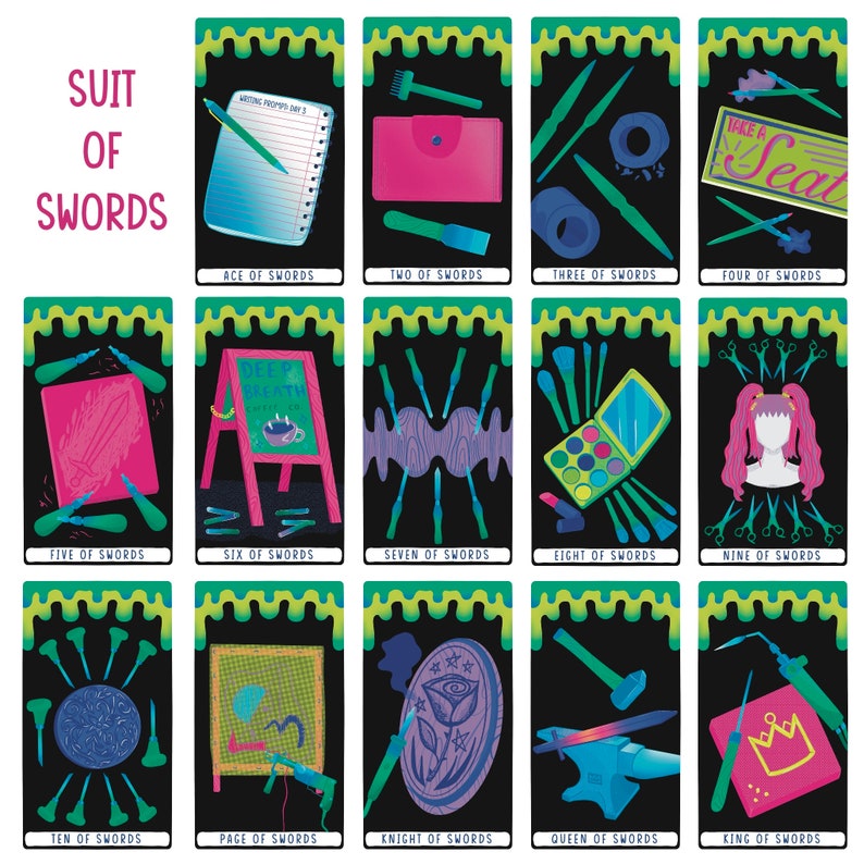 May include: A set of 14 tarot cards featuring illustrations of swords, scissors, and other tools. The cards are arranged in a grid with a black background and green borders. The cards are labelled with the suit of swords and the number or name of the card. The cards are part of a tarot deck.