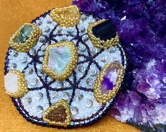 Crystal Grid Beaded Brooch | Beaded jewelry | Handmade | Art jewelry | Weird jewelry | Witchy jewelry | Quartz | Amethyst | Holographic