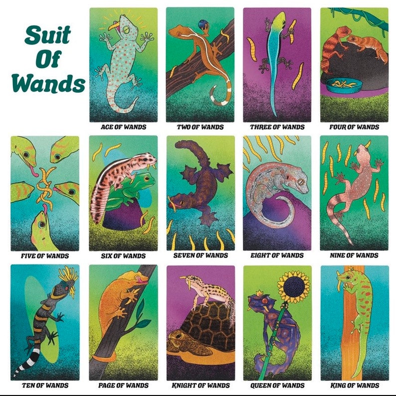 May include: A tarot card deck featuring illustrations of geckos and other reptiles on each card. The suit of wands is shown with each card labeled with its name and number.