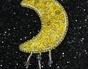 Crescent Moon Beaded Brooch | Beaded jewelry | Handmade | Art jewelry | Weird jewelry | Moon pin | Witchy | Holographic | Moon and stars