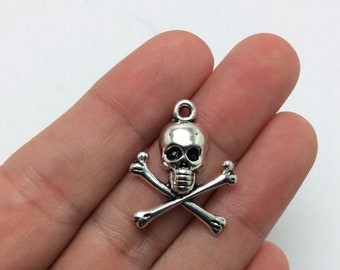 BULK 30 Skull and Crossbones Charms Antique Silver Tone Skeleton Halloween (5-1806)