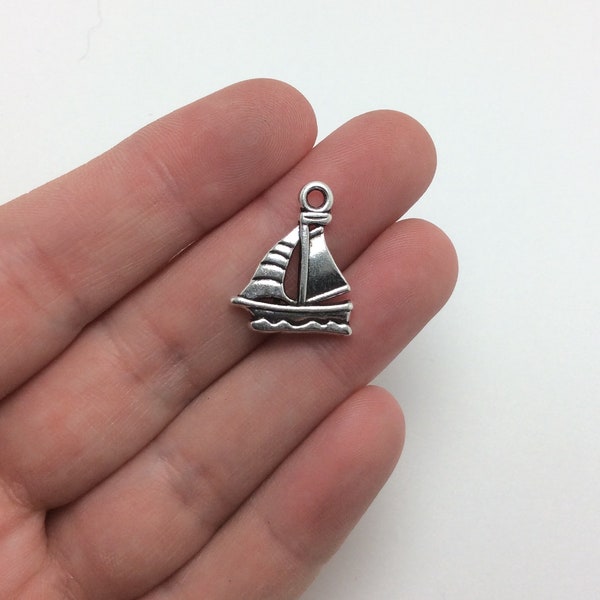 6 Boat Charms Antique Silver Tone Boat Nautical Beach Sailing (1-1660)