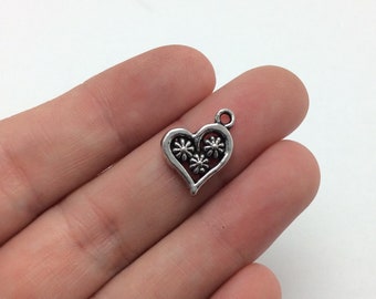 10 Heart Charms, Silver Heart and Flower Charms (1-1115)