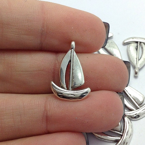 BULK 50 Sail Boat Charms, Antique Silver Tone, Boat Nautical Beach (5-1117)