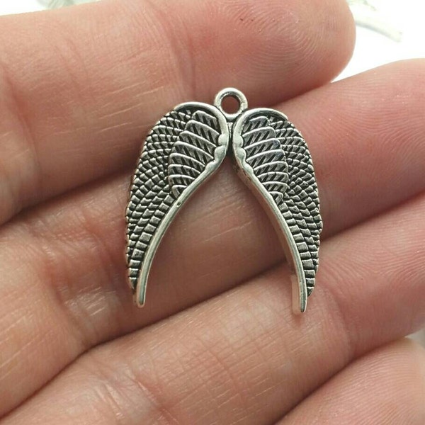 BULK 30 Angel Wing Charms Antique Silver Tone Christmas Religious (5-1275)