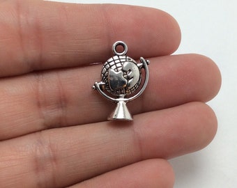 6 Globe Charms Antique Silver Tone World Map Travel (1-1190)