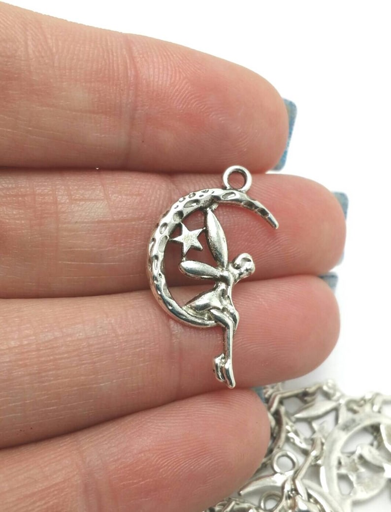 FAIRY ON A MOON CHARMS 20 ANTIQUE SILVER COLOUR CHARM PENDANT- CHOOSE 5 10