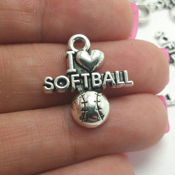 BULK 20 I Love Softball Charms, Silver Tone  (1081)