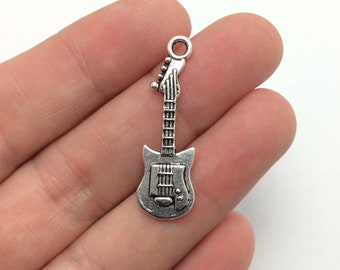 6 Guitar Charms Antique Silver Tone Band Music (1-1051)