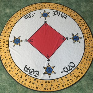 May include: A white circular cloth with a red diamond in the centre. The diamond is surrounded by four six-pointed stars with a blue centre and yellow points. The outer edge of the cloth has a yellow border with black Hebrew text.