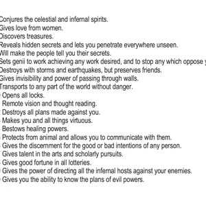 May include: A white background with red text listing 20 mystical powers, including conjuring spirits, discovering treasures, and bestowing healing powers. The text is organized in a numbered list.