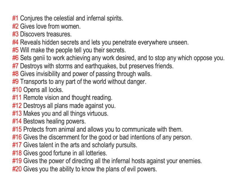 May include: A white background with red text listing 20 mystical powers, including conjuring spirits, discovering treasures, and bestowing healing powers. The text is organized in a numbered list.