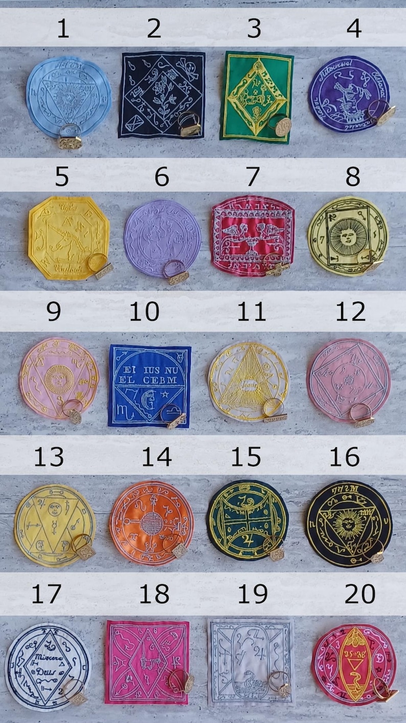 May include: A collection of twenty colorful, embroidered patches with various esoteric symbols and designs. Each patch has a metallic clasp. The patches are in various shapes, including squares, circles, and octagons.