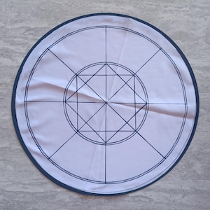 May include: A white circular fabric mat with a dark blue border and a geometric design in the center. The design is a series of overlapping lines forming a starburst pattern.