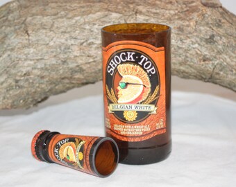 Unique Glassware Upcycled from Shock Top Beer Bottles, Shot Glass, Drinking Glass, Shock Top Gift Set