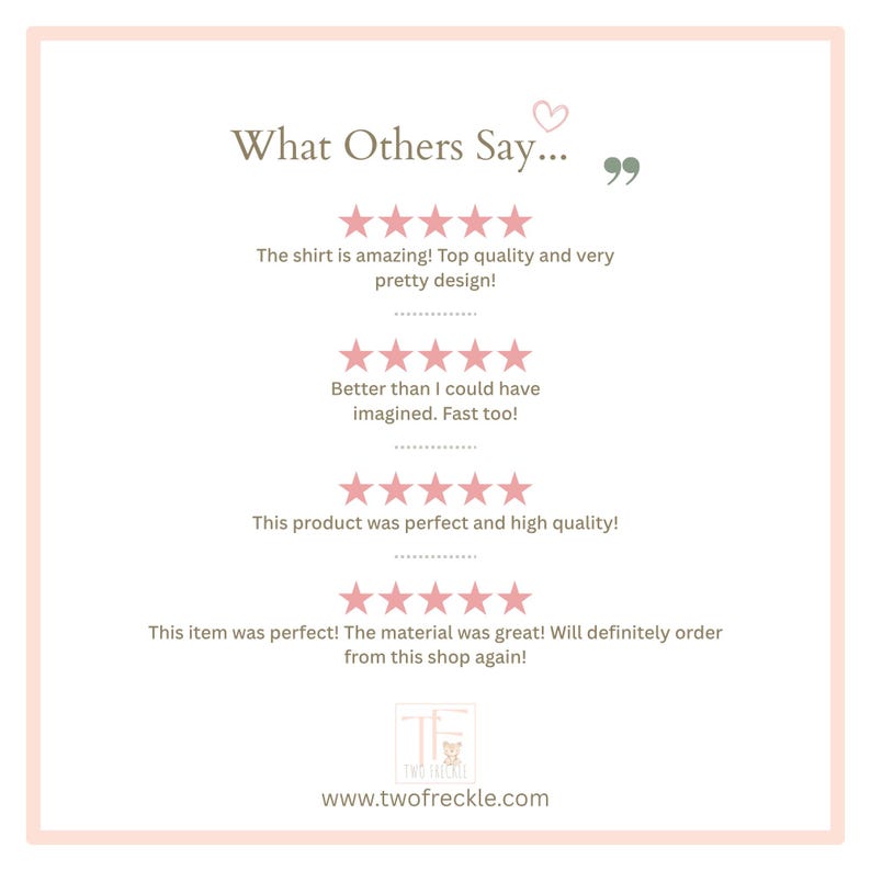 The image is a screenshot of a website called "TWofreckle.com", featuring a pink and white color scheme. The image contains text that describes the website, including a description of the website's design, a review of the website, and a quote from a customer. The image does not contain any text that is too long or repetitive, and it does not include any images that are too similar or indistinguishable.