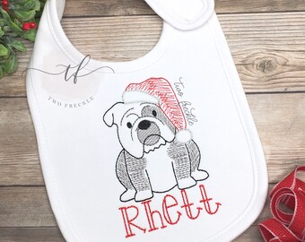 Personalized Christmas Bib, Bulldog Christmas Bib, Bulldog Santa Burp Cloth, Boys Embroidered Bib, Baby Shower Gift, My First Christmas