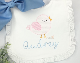 Personalized Baby Bird Bib,  Embroidered Bird Ruffle Bib or Burp Cloth Set, Baby Gown, Baby Shower Gift