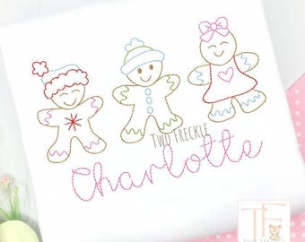Girls Gingerbread Cookie Shirt: Embroidered Christmas Trio Design