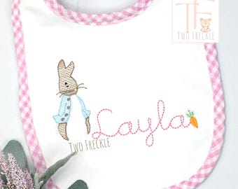 Babero de conejo bordado personalizado, regalo de baby shower de cuadros vichy