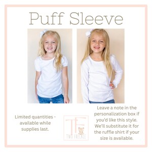 The image is a collage of two photos of young girls wearing white shirts. The text provides information about the availability of the shirts and suggests that the personalization box is available for those who prefer this style.