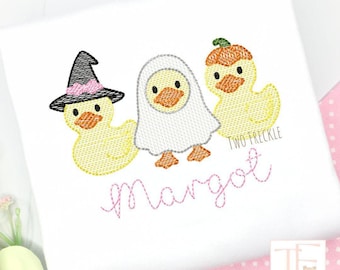 Girls Halloween Shirt: Embroidered Rubber Duck Trio, Cotton Bubble