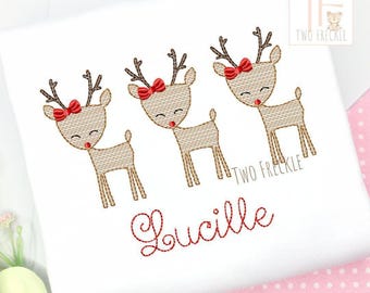 Christmas Reindeer Tee: Woodland Trio Embroidery (Baby Bodysuit to Kids)