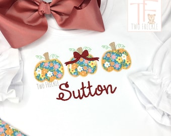 Girls Fall Shirt, Floral Pumpkin Applique, Pink with Bow (Cotton)